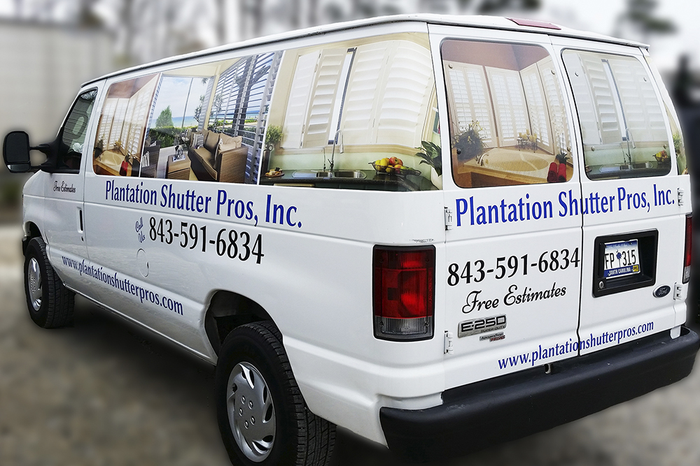 Van with Plantation Shutter Pros branding, featuring images of interior spaces with plantation shutters, contact information, and the tagline "Free Estimates."