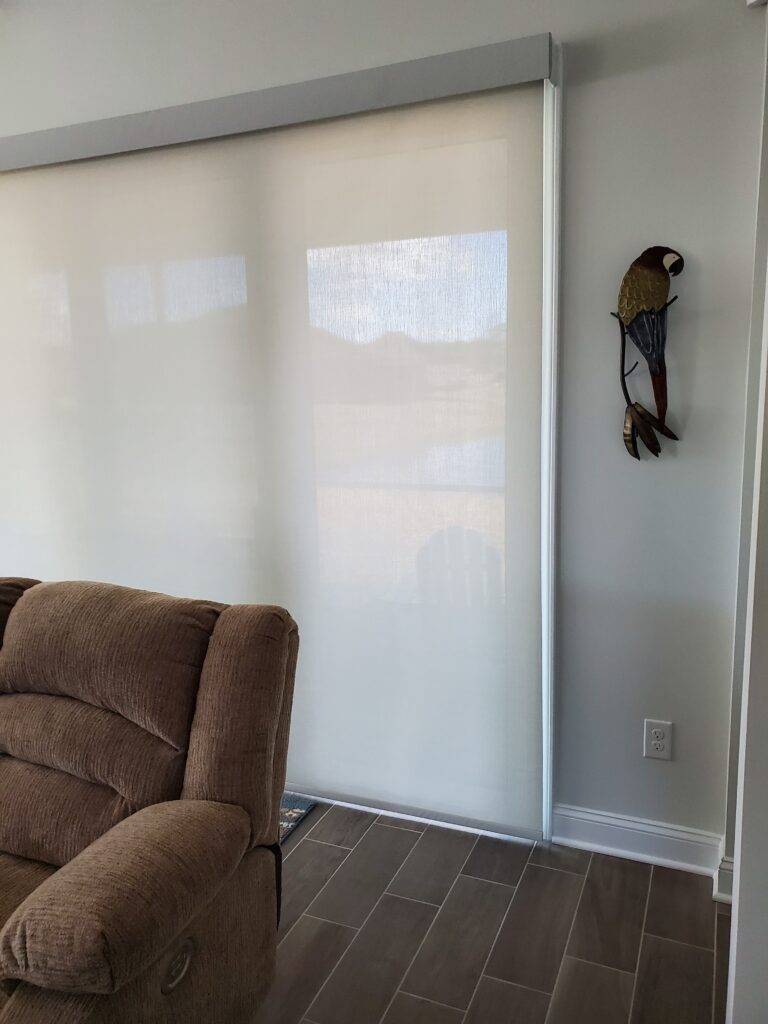 Brown reclining sofa beside sheer window shades in a bright room, featuring a decorative parrot wall art, showcasing modern window treatment options for home aesthetics.