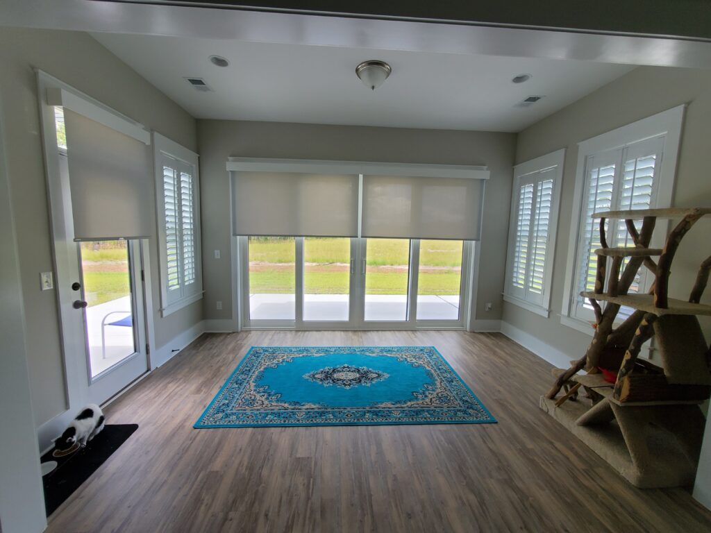 Bright living space featuring plantation shutters, neutral walls, and a vibrant blue area rug, with a cat near a food bowl and large windows overlooking greenery.